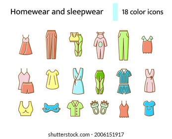 Comfy home clothes flat icons set. Homewear and sleepwear. Comfortable clothes. Slippers, sleep mask. Nightshirt and nightie, pajama. Color filled symbol. Isolated vector stock illustration