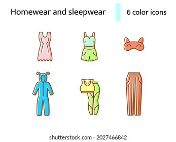 Comfy homewear and sleepwear flat icons set. Jumpsuit, home Pants. Bathrobe, domestic dress. Nightshirt and nightie, pajama. Color filled symbol. Isolated vector illustration