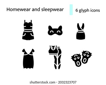 Comfy homewear and sleepwear glyph icons set. Bathrobe, domestic dress. Nightshirt and nightie, pajama. Animal slippers. Black filled symbols collection. Isolated vector illustration
