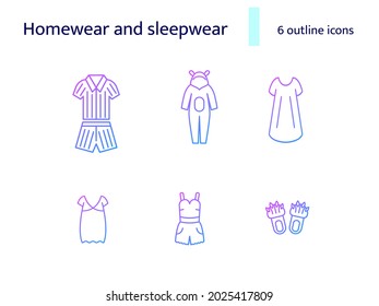 Comfy homewear and sleepwear outline icons set. Jumpsuit, home Pants. Bathrobe, domestic dress. Purple gradient symbols collection. Isolated vector illustration