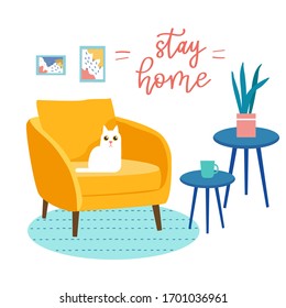 Comfy living room interior with cat sitting on yellow armchair and coffee table, plant, posters, home decorations. Trendy, comfy apartment furnished. Cozy vector illustration