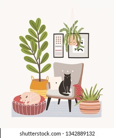 Comfy living room interior with cats sitting on armchair and ottoman, houseplants growing in pots, home decorations. Comfortable apartment decorated in Scandic hygge style. Flat vector illustration.