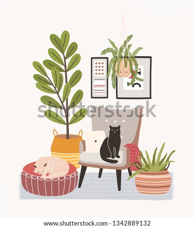 Comfy living room interior with cats sitting on armchair and ottoman, houseplants growing in pots, home decorations. Comfortable apartment decorated in Scandic hygge style. Flat vector illustration.