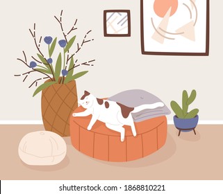 Comfy living room interior with sleeping cat, potted houseplants and home decorations. Cute pet lying on ottoman at modern cozy home. Sweet life of domestic animals. Flat vector illustration