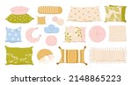 Comfy pillow and cushion set for sofa, bed and armchair vector illustration. Cartoon cute homey decor collection of different shapes and patterns isolated on white. Home interior, rest concept