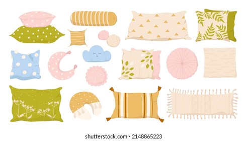 Comfy Pillow And Cushion Set For Sofa, Bed And Armchair Vector Illustration. Cartoon Cute Homey Decor Collection Of Different Shapes And Patterns Isolated On White. Home Interior, Rest Concept