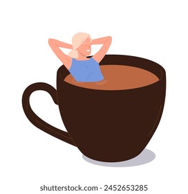 Comfy relaxed woman isolated cartoon character enjoying rest sitting in giant ceramic coffee cup