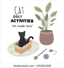 Comfy room interior with cat. Cat daily activities, cat sitting in cardboard with toys around, houseplants growing in pots, home decorations. Comfortable decorated. Flat vector illustration 