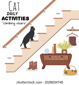 Comfy Room Interior With Cat. Cat Daily Activities, Cat Climbing Stairs, Houseplants Growing In Pots, Home Decorations. Comfortable Decorated. Flat Vector Illustration 