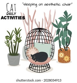 Comfy room interior with cat. Cat daily activities, cat sleeping on sika, houseplants growing in pots, home decorations. Comfortable decorated. Flat vector illustration 