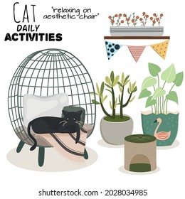 Comfy room interior with cat. Cat daily activities,cat relaxing on sika, houseplants growing in pots, home decorations. Comfortable decorated. Flat vector illustration 