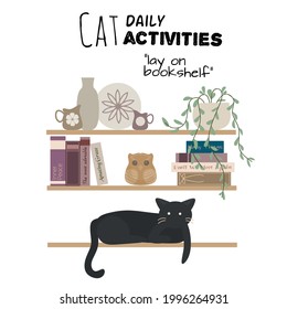 Comfy room interior with cats. Cat daily activities, cat laying at bookshelf, pile of books, houseplants growing in pots, home decorations. Comfortable decorated. Flat vector illustration 