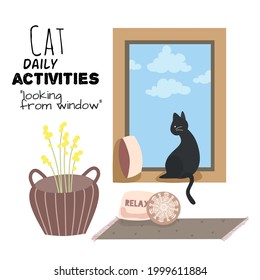 Comfy room interior with cats. Cat daily activities, cat looking from the window. Home decorations. Flat vector illustration