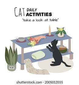 Comfy room interior with cats. Cat daily activities, curious cat peaking the table, home decorations. Flat vector illustration 