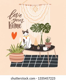 Comfy room with table, cat sitting on it, potted plants, home decorations and Love Your Home phrase written with cursive font. Cozy house decorated in Scandic hygge style. Flat vector illustration.