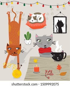 Comfy room with table, cat sitting on it, potted plants, home decorations and  Cozy house decorated in Scandic hygge style. Flat vector illustration.