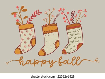 Comfy Socks for Autumn Season with Floral And Quote Happy Fall Composition Design Vector Illustration