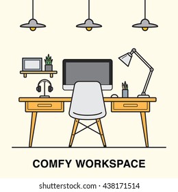 Comfy workspace interior with computer, designer furniture and lamps made in line art style.