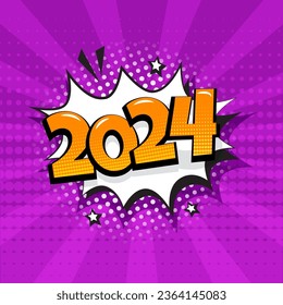 Comic 2024 New Year vector pop art background, cartoon speech bubble, Christmas purple poster, funny balloon. Celebration illustration