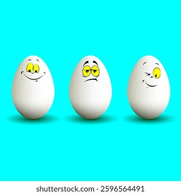 Comic 3d eggs, cartoon eggs, positive emotions, funny eggs, happy easter, banner, vector illustration EPS10.