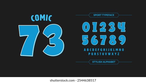 Comic 73: Striking blue number design with bold comic flair on an orange-red backdrop. Ideal for custom sports jerseys and racing numbers. Vector format.