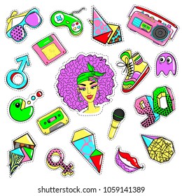 Comic 90s style elements set with colorful patches fashion pins and badges isolated vector illustration