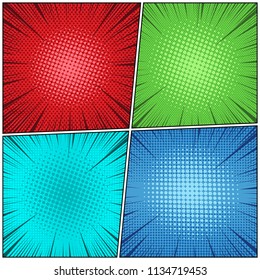 Comic abstract backgrounds collection with dotted halftone rays humor effects in blue turquoise green red colors. Vector illustration