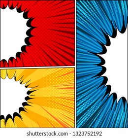Comic abstract backgrounds with white speech bubbles radial halftone and rays humor effects in red orange blue colors. Vector illustration