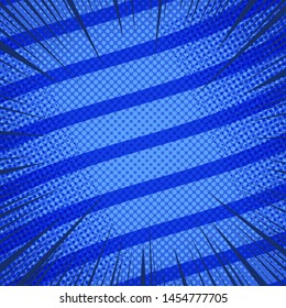 Comic abstract blue background with rays wavy lines and halftone effects. Vector illustration