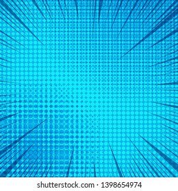 Comic abstract blue bright template with rays and halftone effects. Vector illustration
