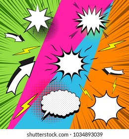 Comic abstract book page composition with white speech bubbles arrows yellow lightnings sound rays halftone dotted effects on colorful backgrounds in pop-art style. Vector illustration