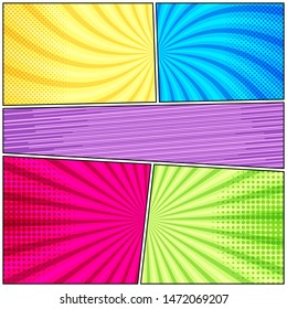 Comic abstract bright composition with halftone radial dotted dynamic lines humor effects. Vector illustration