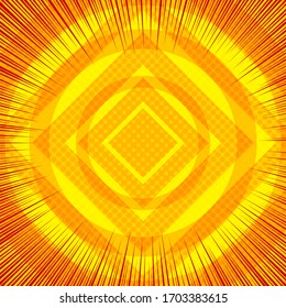 Comic abstract bright template with circles diamonds halftone beams effects in yellow and orange colors. Vector illustration