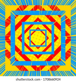 Comic abstract bursting template with yellow rays and halftone effects blue squares and red diamonds. Vector illustration