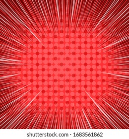 Comic abstract dynamic red background with dotted halftone and rays effects. Vector illustration