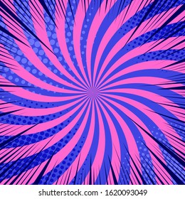 Comic abstract dynamic template with pink radial effects blue halftone and rays. Vector illustration