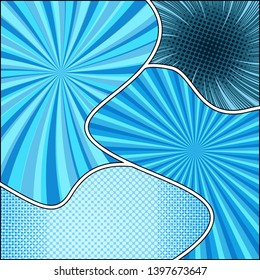 Comic abstract elegant background with halftone radial rays humor effects in blue colors. Vector illustration