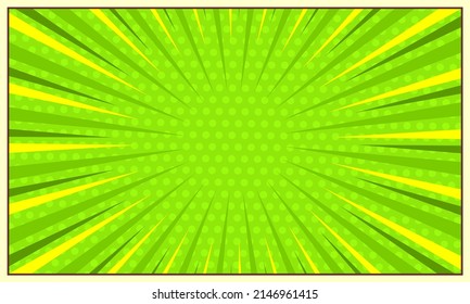 Comic abstract green background with radial rays and halftone effect