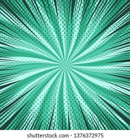 Comic abstract green burst background with rays radial and halftone effects. Vector illustration