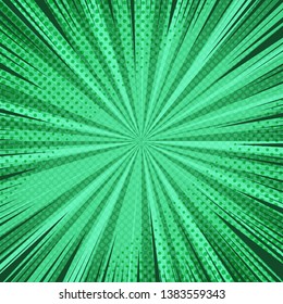 Comic abstract green burst template with radial halftone rays humor effects. Vector illustration