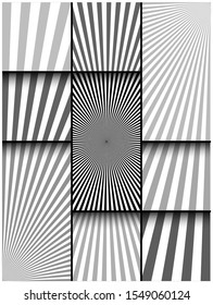 Comic abstract monochrome composition with radial background divided by lines and shadows. Vector illustration