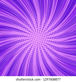 Comic abstract purple background with twisted radial rays and halftone humor effects. Vector illustration