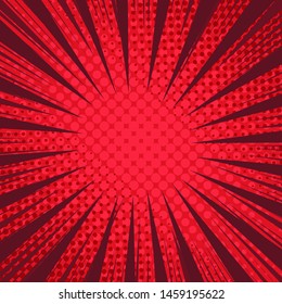 Comic abstract red background with explosive rays and halftone effects. Vector illustration