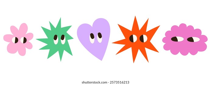 Comic abstract shapes with eyes vector illustrations set. Groovy colorful geometric characters design