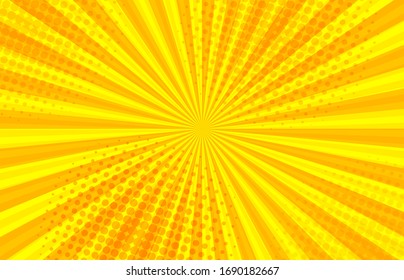 Comic abstract sunny background with radial and halftone effects. Vector illustration