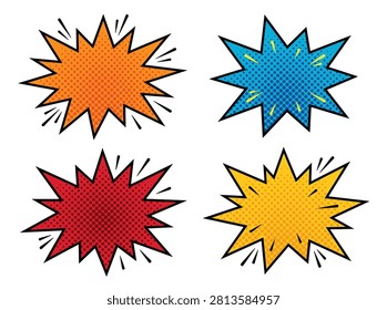 Comic action themed element pack in retro halftone style, starburst shapes, explosion effects, speech bubbles, and bursts