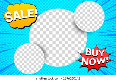 Diseño de publicidad cómica brillante con inscripciones promocionales de burbujas de habla y formas redondas con fondos transparentes en medio tono azul. Ilustración del vector