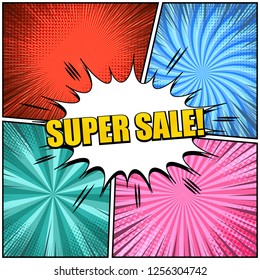 Comic advertising light concept with white speech bubble Super Sale yellow inscription sound rays radial and halftone effects. Vector illustration