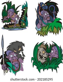 Comic African aborigines in danger. Set of vector illustrations.