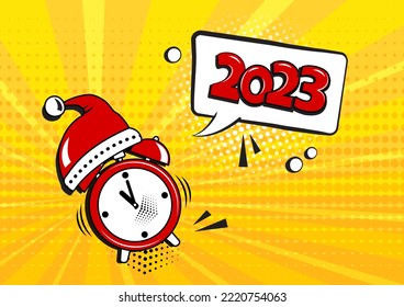 Comic alarm clock New Year 2023 Santa Claus hat vector, funny wake up icon, Christmas countdown speech bubble on yellow background. Holiday cartoon illustration